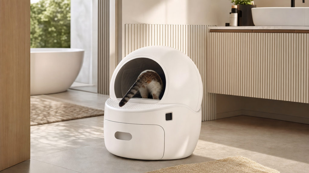 Brown-and-white tabby cat entering a white enclosed litter box in a bright bathroom