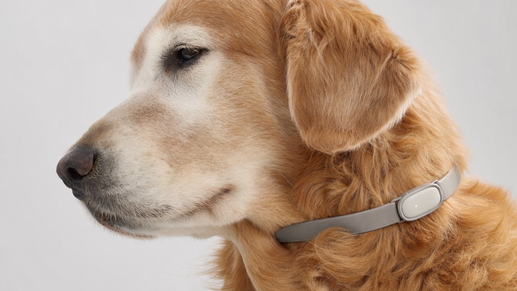Golden retriever in profile wearing a gray collar with a rectangular device